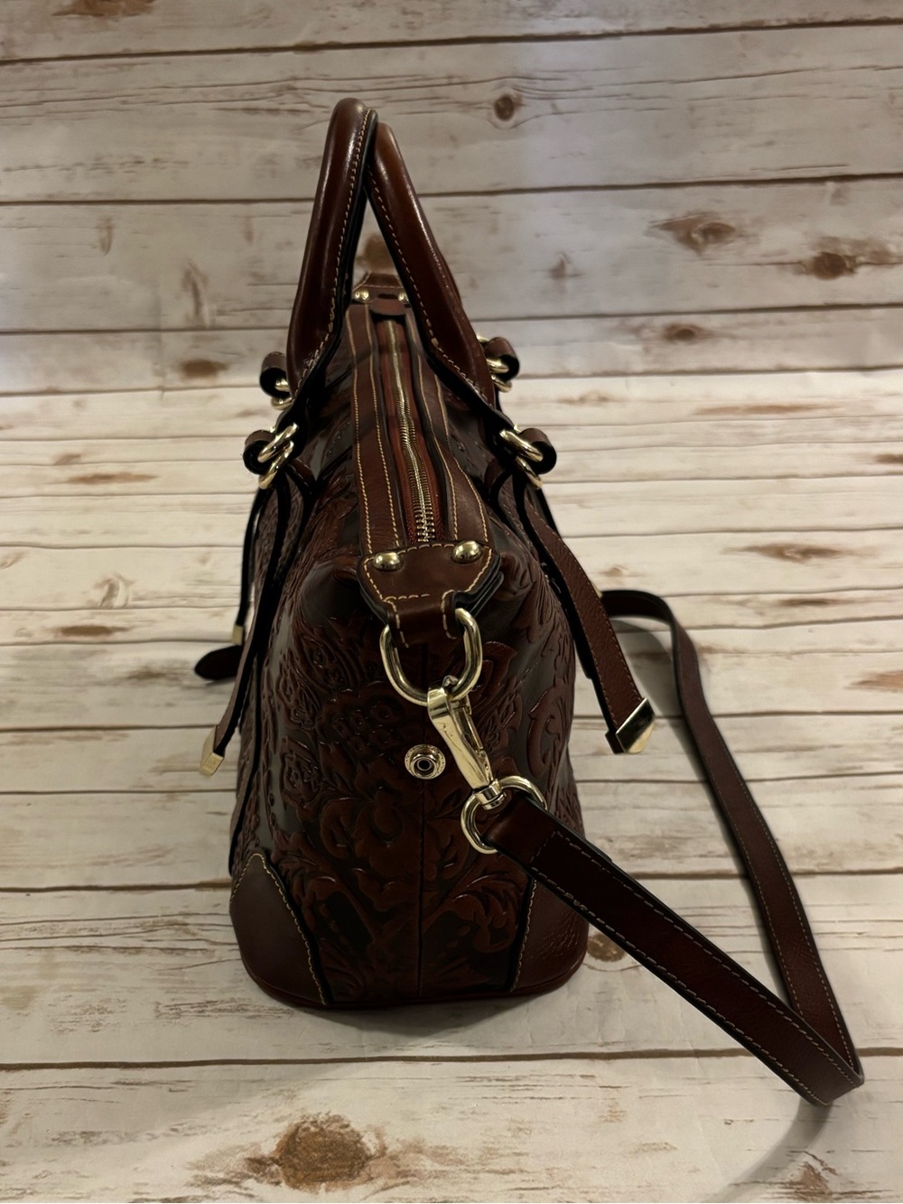 PIJUSHI Embossed Genuine Brown Leather Satchel and Crossbody Bag/Wristlet Set - Picture 5 of 16
